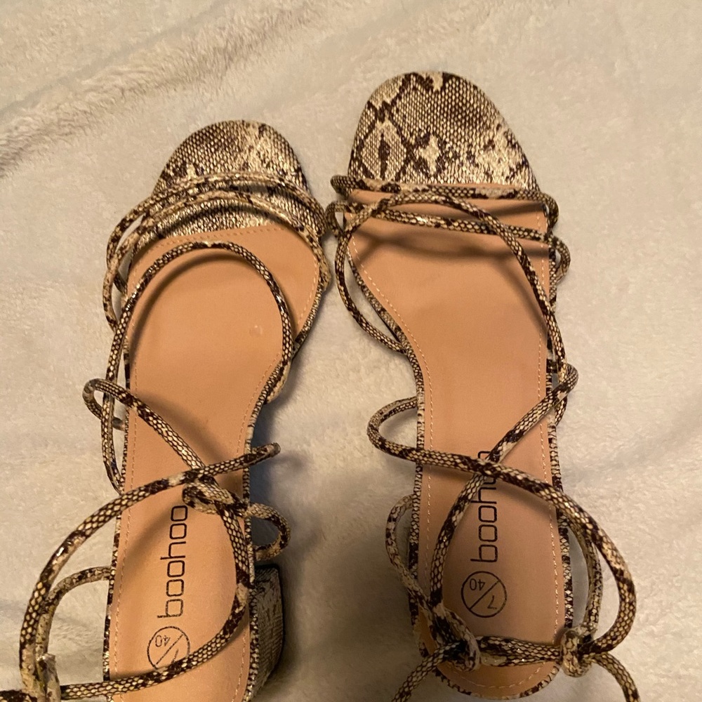 Laced Up Faux Snake Print Block Heels